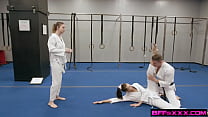 BFFsXXX - Three young karate trainees share a fat cock in the dojo, pounding their pussies, moving rough and licking deep.