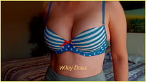 WIFE lingerie try on showing perfect tits in sailer print clip together bra with sexy bow